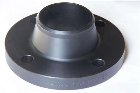 Black metal ANSI B16.5 150# WNRF 3-inch weld neck flange: conical high neck + bolt-holed disc, matte finish, industrial pipe fitting.