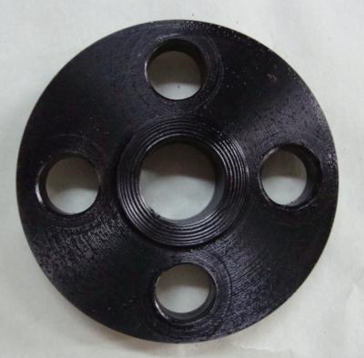 A black-coated threaded blind flange is shown, featuring a central internal-threaded bore (for sealing) and evenly spaced bolt holes. Its textured surface and compact design make it suitable for closing or sealing pipeline ends.
