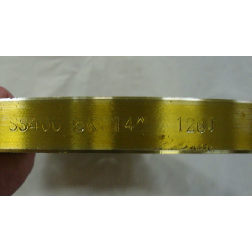 Se trata de una brida plana (un disco metálico plano y dorado) con marcas grabadas (p. ej., "SS400" para el material, "14" para el tamaño) en su superficie. Se sostiene con una mano, mostrando su estructura sólida y plana, y se utiliza para conexiones de tuberías.
